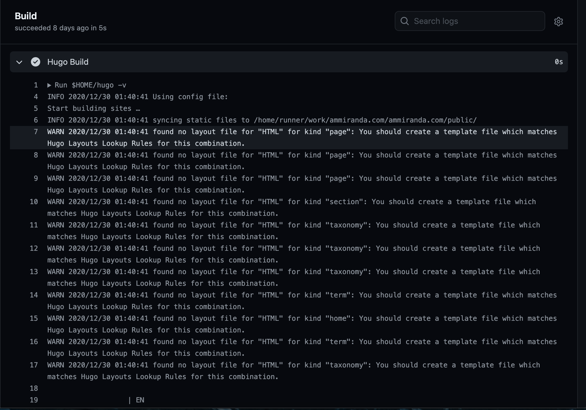github action build output showing hugo build warnings